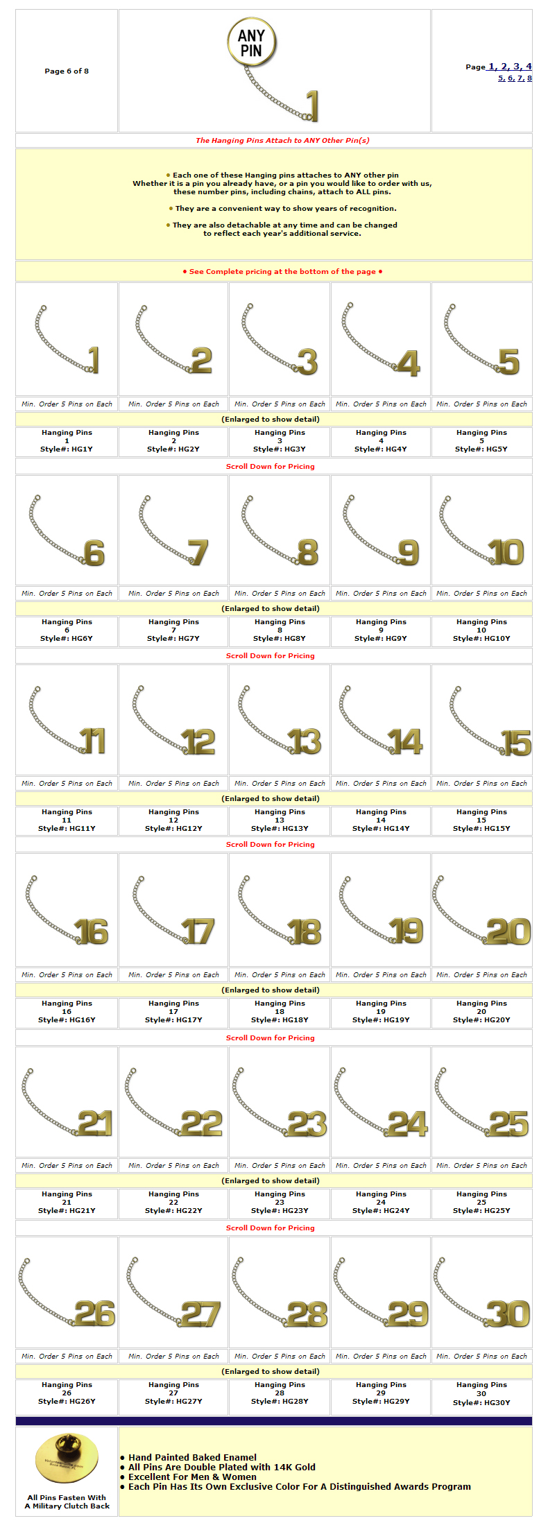 Detachable Hanging Pins - 1 Through 30 Years Detachable Hanging Pins - 1 Through 30 Years
